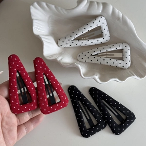 Set of six triangle polka dot fabric hair clips in red, white and black for women