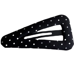 Minimalist triangle BB clip featuring vintage black fabric with white polka dots pattern