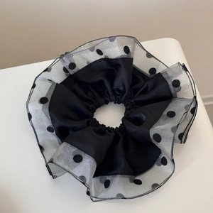 Large black organza polka dot scrunchie with satin fabric for vintage ponytail styling