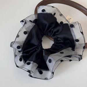 Elegant large black satin scrunchie with white polka dot organza layering