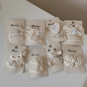 French vintage cream lace bow hair clip set with pearl and embroidery on display card