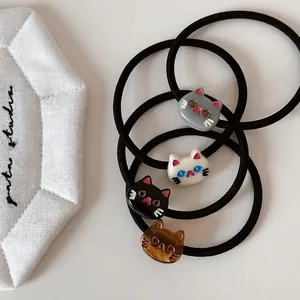 Cute Cartoon Cat Head Elastic Hair Tie For Women Girls Sweet Resin Kitten Charm Scrunchie High Stretch Ponytail Holder