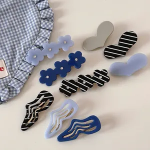 Barrettes à Cheveux Élégantes en Acétate Fleur Cœur Vague pour Femmes Acrylique Strass Pince Bec de Canard Rayé Bleu Gris