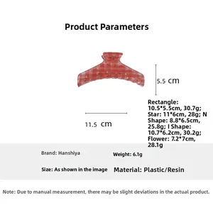 Detailed size specifications for red checkered hair claw clips with various geometry shapes