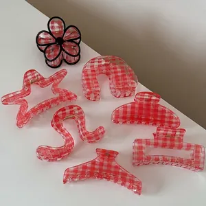 Red Gingham Plaid Hair Claw Clip For Women Korean Style Acrylic Plastic Checkerboard Hair Catch Barrette Accessories