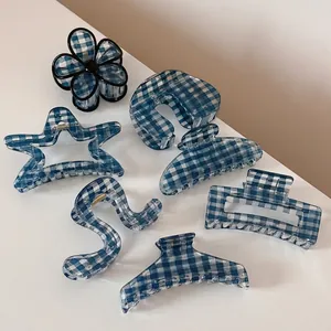 Dark Blue Gingham Hair Claw Clips Acetate Checkerboard Shark Clips Minimalist Floral Star Shape Hairpins Accessories For Women