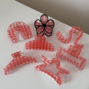 Set of 6 red gingham pattern hair claws in assorted geometric shapes and translucent finish