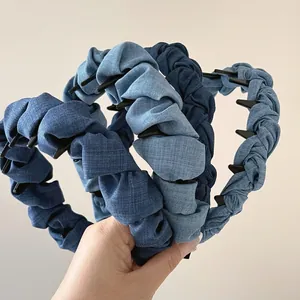 Women's Denim Fabric Braided Twisted Headband Non-Slip Teeth High Top Volume Ruched Hairband Sweet Fashion Headwear Accessories