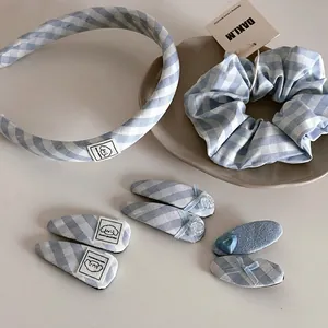 Blue White Gingham Fabric Headband Scrunchie Hair Clips With Puppy Patch Bows Artificial Pearls For Women Girls Cute Hair Jewelry
