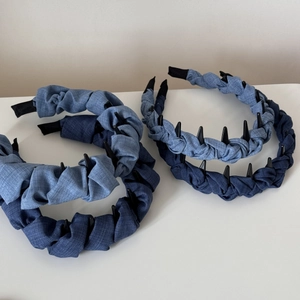 Blue denim braided headband set with non-slip teeth for high skull top hair styling