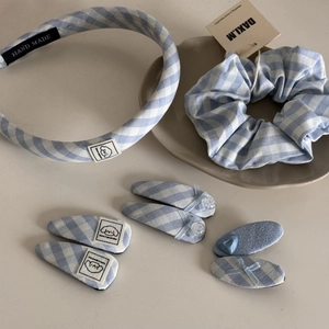 Blue and white plaid hair accessories set with cute puppy patches and handmade fabric finish