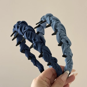 Braided denim headband set in deep and light blue colors with non-slip inner teeth