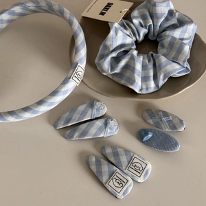 Blue and white plaid hair accessories set with cute puppy patches and checkered fabric