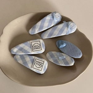 Blue and white checkered fabric BB hair clips set with cute puppy patches for girls