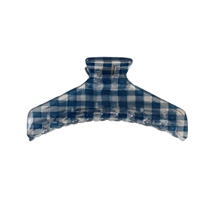 Classic blue and white checkered hair claw clip with transparent finish and silver spring