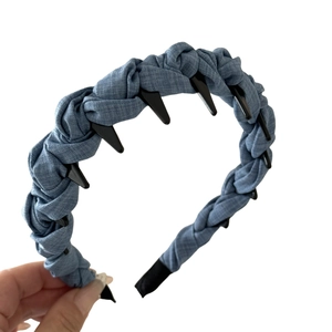 Denim braided headband with inner teeth combs for high crown hairstyle in blue fabric