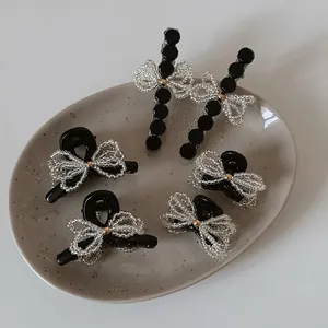 Elegant Korean Style Beaded Bow Hair Clip For Women Small Resin Claw Clip Black Beads Hair Accessories Bangs Shark Clip