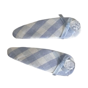 Blue and white gingham hair clips with velvet bows and pearl accents for women