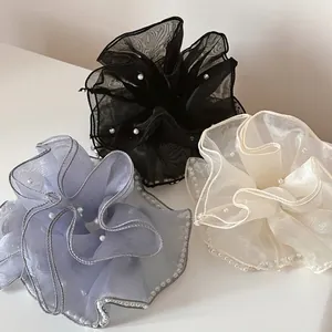Chouchou Oversize en Organza Style Français Avec Fausse Künstliche Perle Élastique en Maille Élégant Accessoires Cheveux Femme Style Hepburn