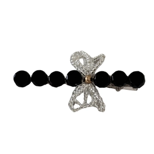 Elegant beaded bow hair claw clip with black faceted beads and gold accent for women