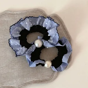 Chouchous Élégants En Tissu À Rayures Bleues Et Blanches Avec Décoration De Künstliche Perles Doux Élastiques À Volants Pour Femmes