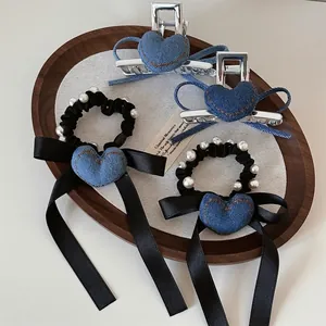 Elastico per Capelli Retro in Denim a Cuore Con Fiocco Künstliche Perle Nastro di Raso Vintage Blu Tessuto Pinza per Capelli Cuore