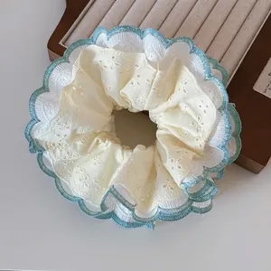 Mint Green Pale Yellow Lace Floral Embroidery Large Scrunchie Fresh Flower Edge Cloth Hair Tie For Women Hair Accessories