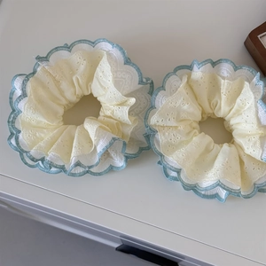 Mint green and cream floral lace embroidery scrunchies for ponytail hair styling