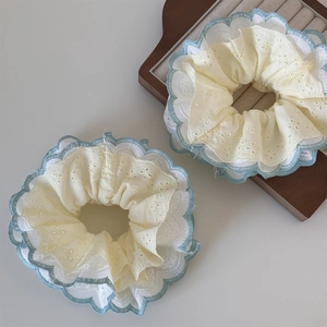 Floral embroidery hair scrunchie set with white lace and blue scalloped edges