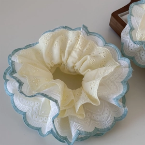 Detail of mint green lace embroidery hair tie with delicate floral scalloped edges