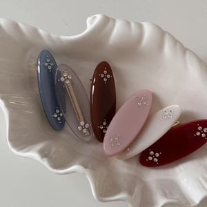 Set of 6 French vintage oval hair clips with rhinestones in various elegant colors
