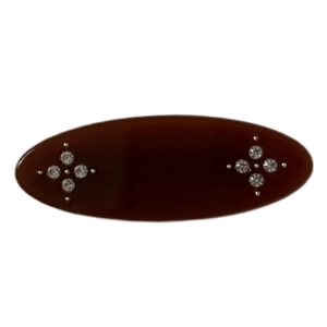 French vintage oval hair clip with brown acetate finish and sparkling rhinestone flowers