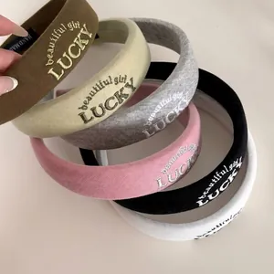 Women's Padded Sponge Headband With Lucky Letter Embroidery Handmade Knitted Fabric Hair Hoop Stylish Hairband Accessories