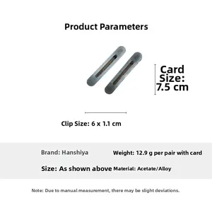 Detail view of acetate alloy hair clips with dimensions 6x1.1cm and weight 12.9g specs