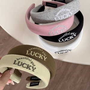 French retro padded knitted headband with LUCKY embroidery letters in multiple colors