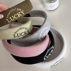Chic multi-color padded sponge headband set with exquisite 'LUCKY' embroidery detail