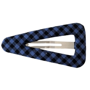 Blue and black plaid geometric triangle BB snap hair clip with checkered fabric texture