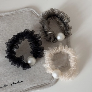 Eleganti Elastici Scrunchies in Organza con Künstliche Perle Elastici in Rete Pieghettata Stile Francese per Coda di Cavallo per Donna