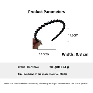Detailed size map of wavy rhinestone headband: 14.5cm length, 0.8cm width and 13.1g weight