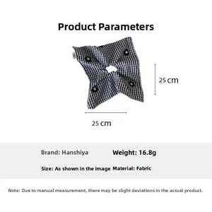 Detail showing the 25cm size and 16.8g weight of the black and white checkered hair tie