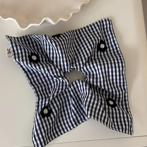Blue and white gingham scrunchie with 3D flower embroidery for hair styling
