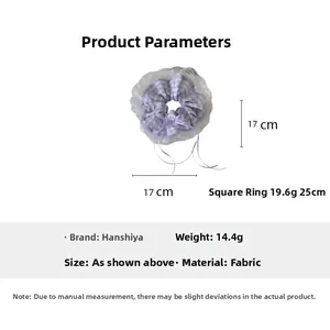 Detail showing purple plaid lace scrunchie with bow, size 17x17cm and 14.4g weight