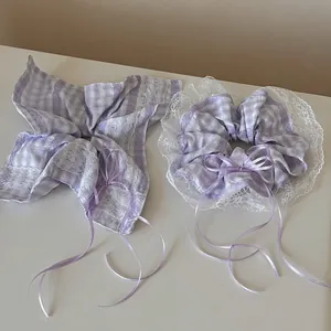 Purple Plaid Lace Bow Scrunchies Set Cloth Fabric Ribbon Hair Ties Sweet Korean Style Ponytail Holder Women Hair Accessories