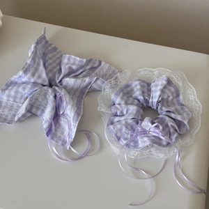 Purple plaid scrunchie set with white lace trim and sweet ribbon bow hair accessories