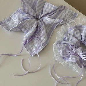 Purple plaid lace scrunchies with elegant ribbon bows for sweet hair styling