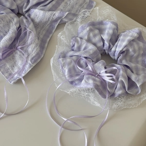 Purple plaid scrunchie with white lace trim and bow for sweet hair styling