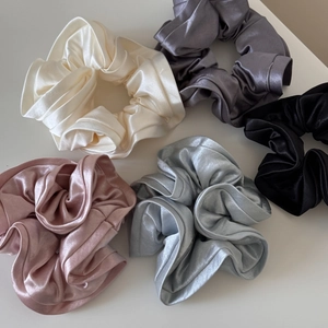 Set of 5 premium pearlescent satin ruffle scrunchies in cream, grey, purple and blue