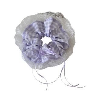 Sweet lavender checkered hair scrunchie with white lace edges and a purple silk bow