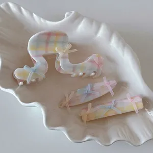 Pince à Cheveux Douce Style Ballet avec Nœud en Ruban Motif Plaid Couleur Macaron Pince Crabe Pince à Bec de Canard pour Femmes Accessoires