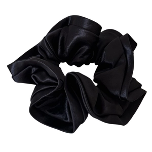 Elegant black satin ruffle scrunchie for women with high-end silky gloss finish